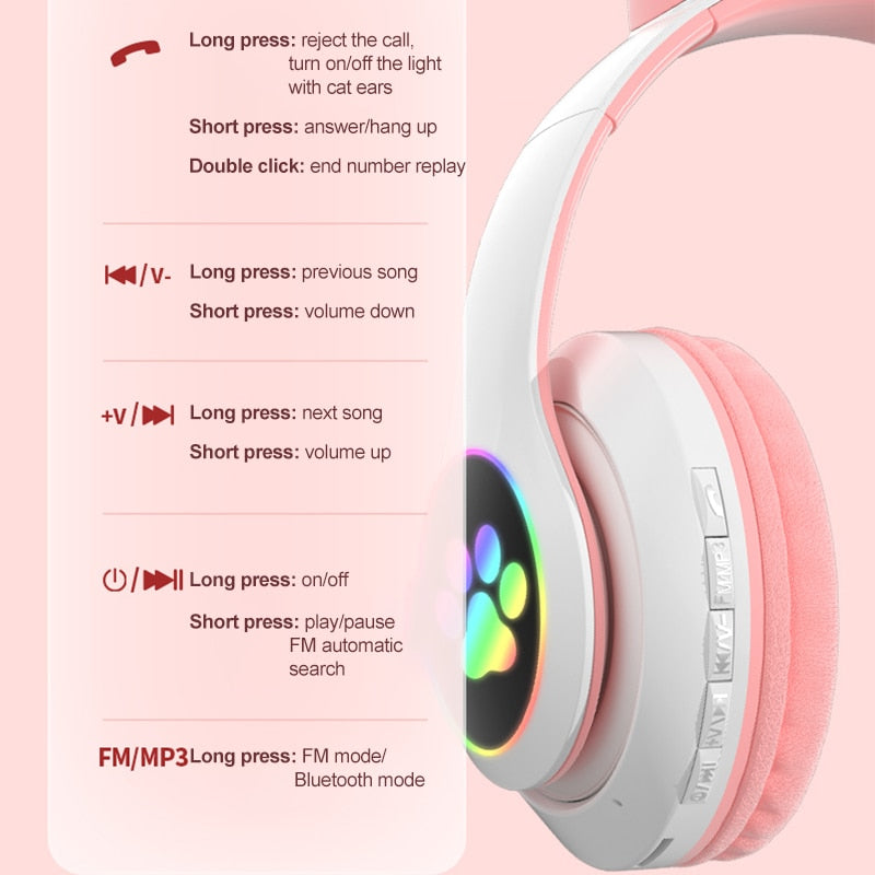 LED Cat Ear Wireless Bluetooth Headphones