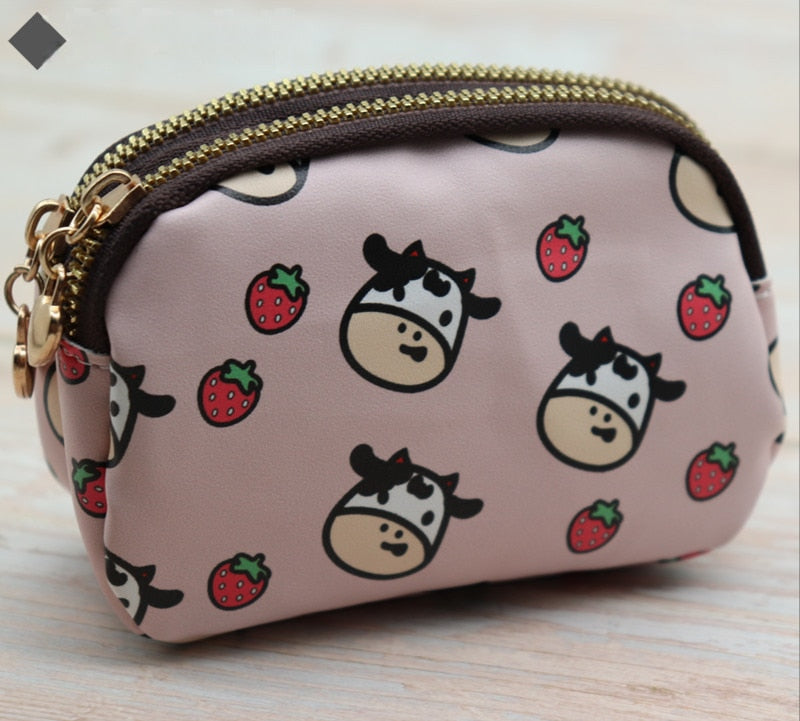 Cute Cow Print Wallet w/ Double Zipper