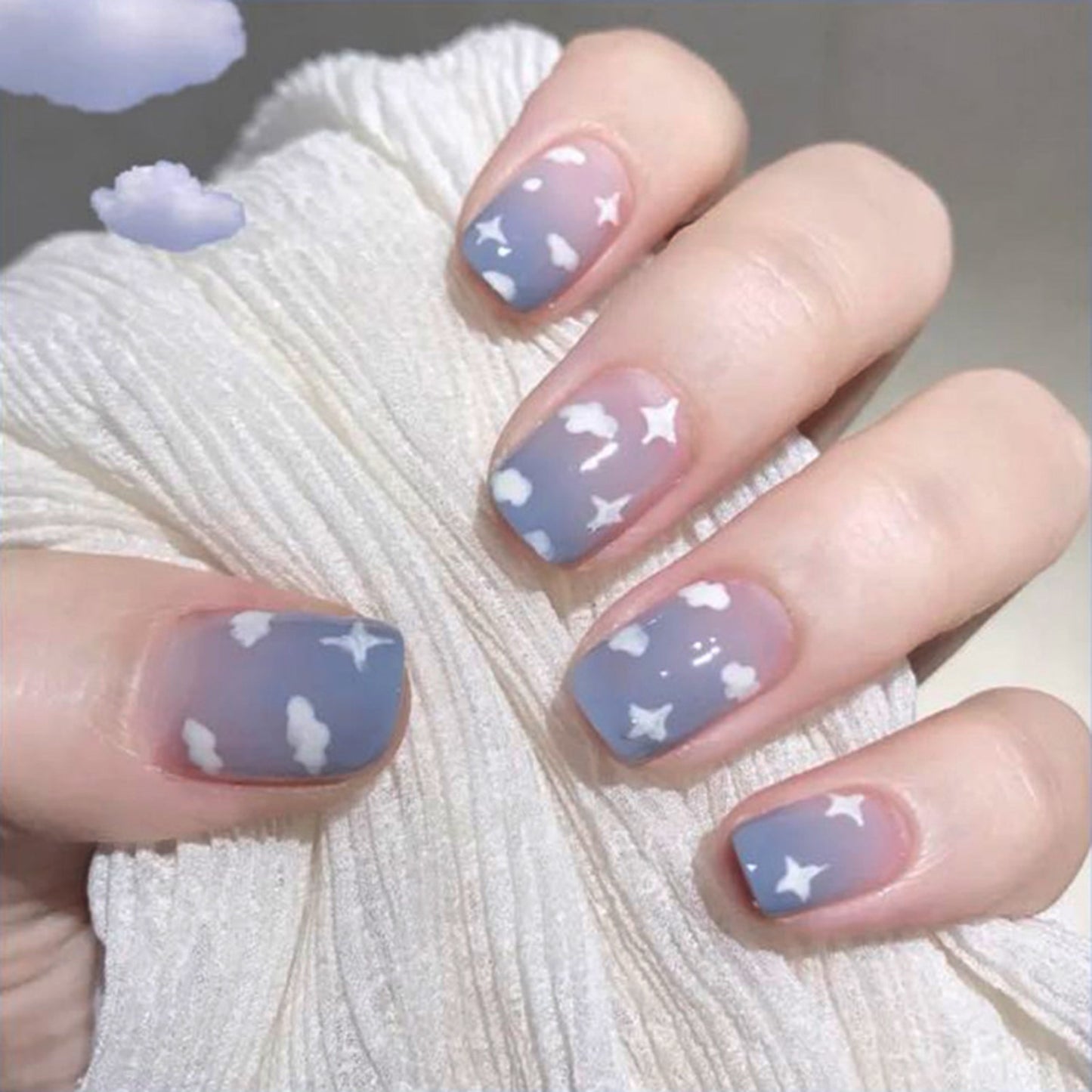 Press-On Dreamy Blue Ombre Starry Cloud Design